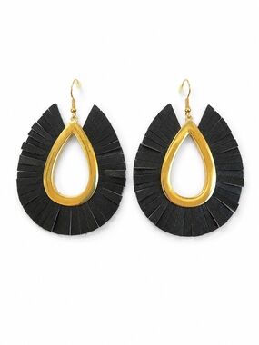 Gold Teardrop Fringe Earrings in Black. Parklane